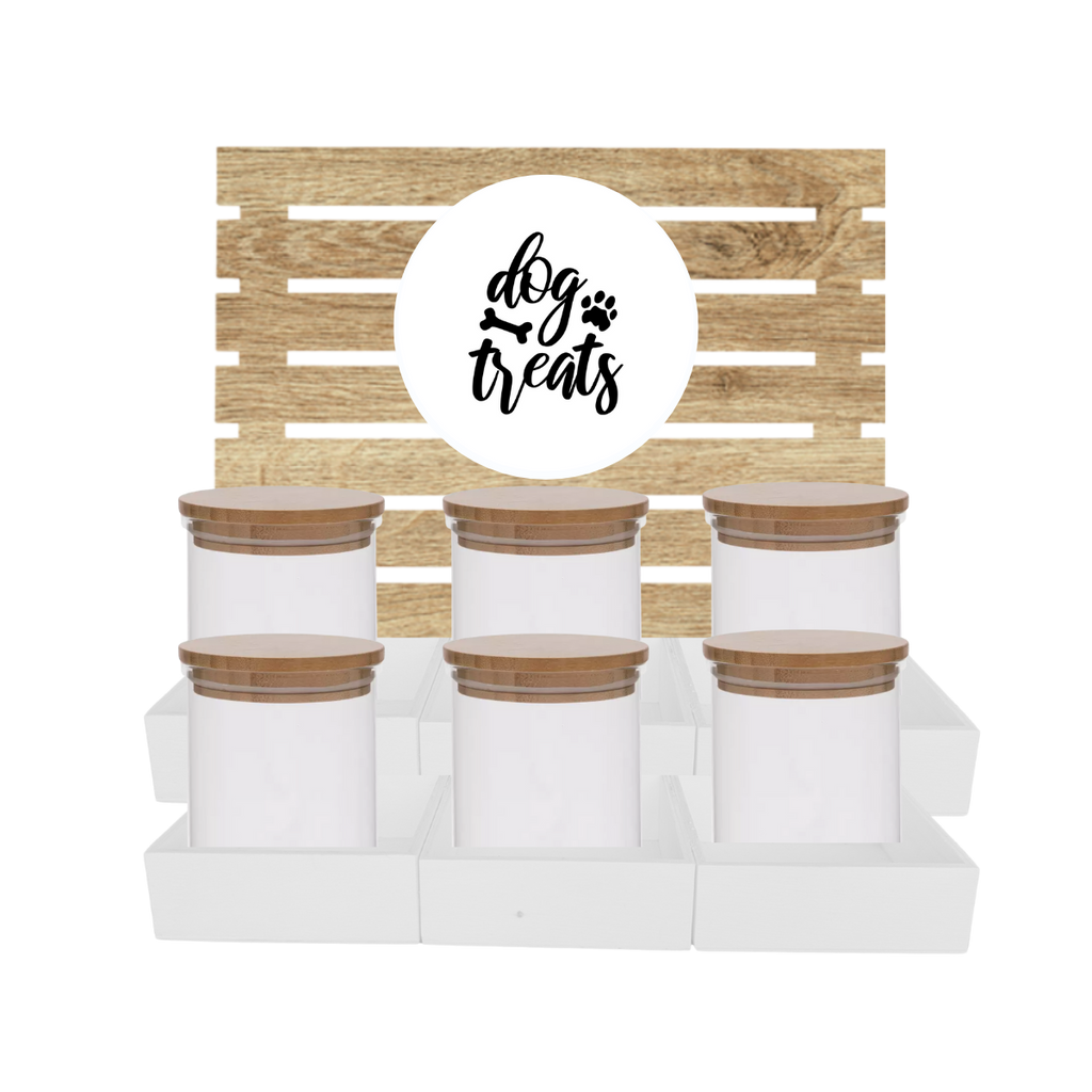 White Dog Treat Jar Bar w/ Bamboo Canisters