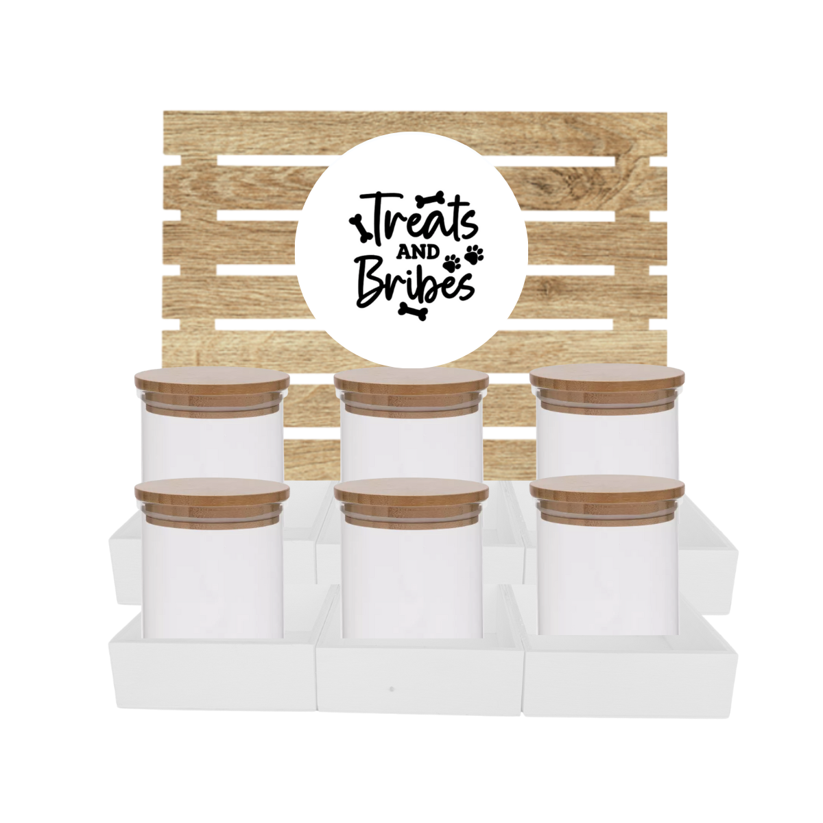 White Dog Treat Jar Bar w/ Bamboo Canisters