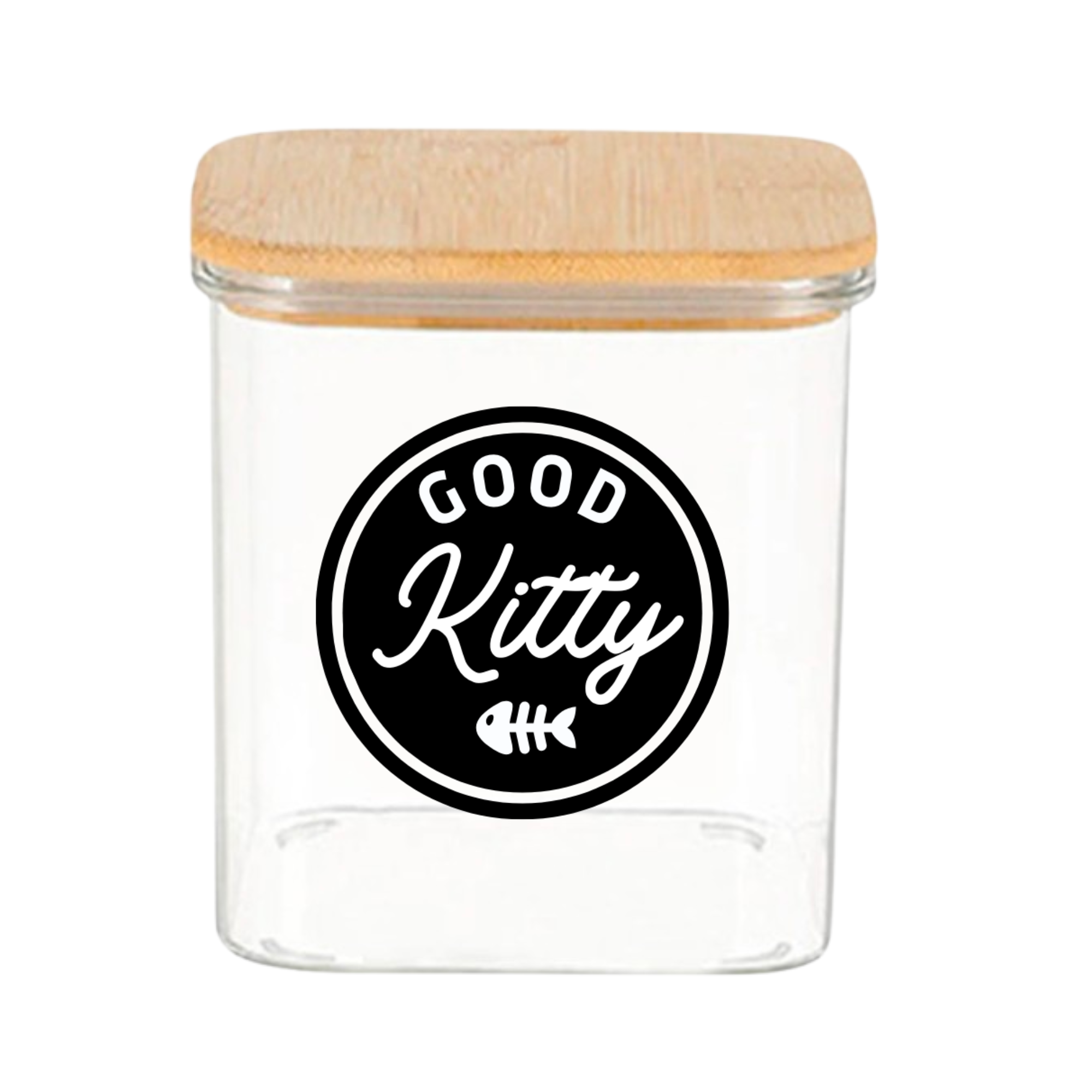"Good Kitty" Small Square Glass Treat Canister Jar With Airtight Bamboo Lid 26oz