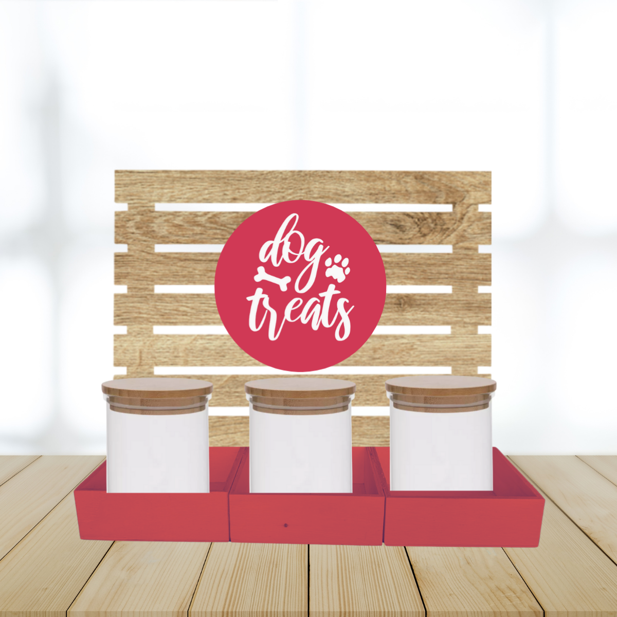 Red Dog Treat Jar Bar w/ Bamboo Canisters