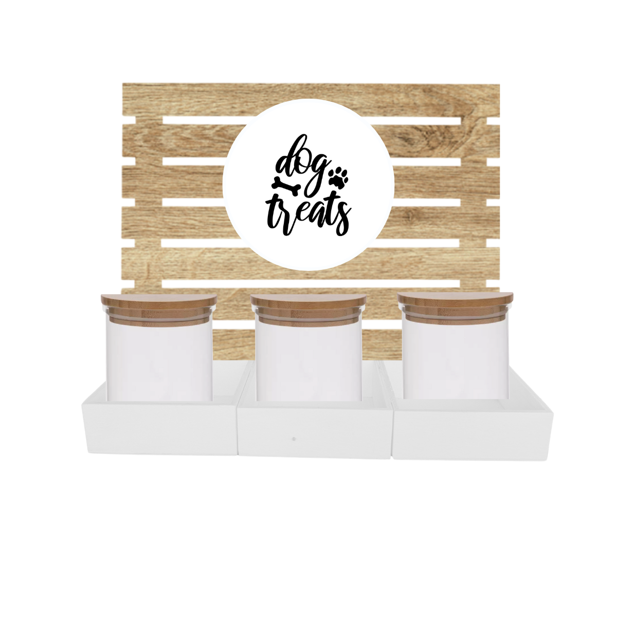 White Dog Treat Jar Bar w/ Bamboo Canisters