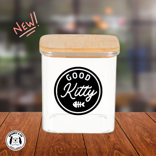 "Good Kitty" Small Square Glass Treat Canister Jar With Airtight Bamboo Lid 26oz