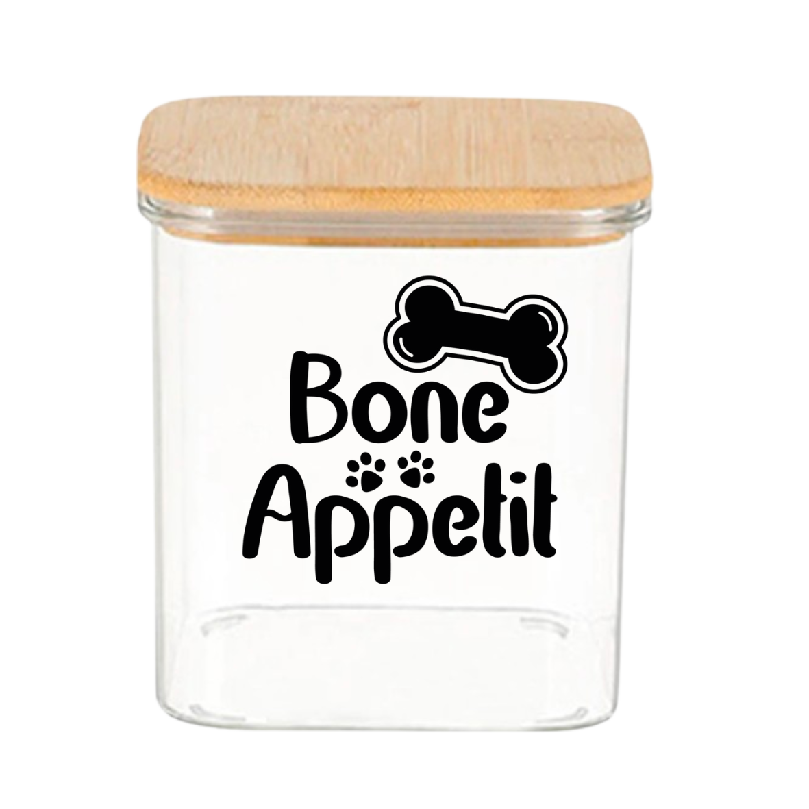 Sparky & Co Small Squared Bone Apetite Glass Treat Canister With Bamboo Lid 26oz